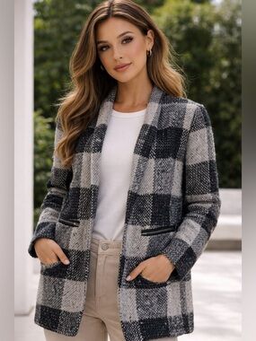 Forever 21 Black & Gray Plaid Open-Front Blazer
